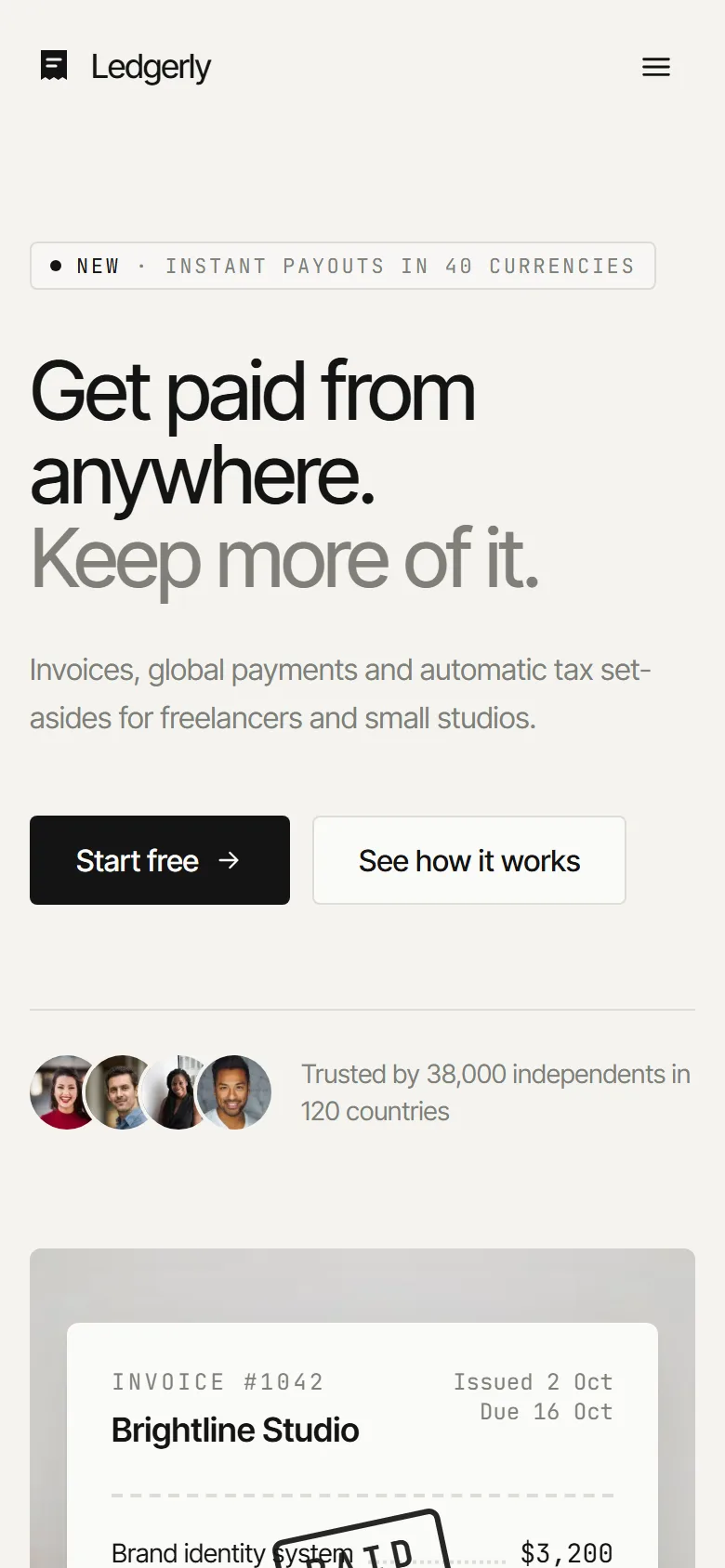 Ledgerly home page on a phone