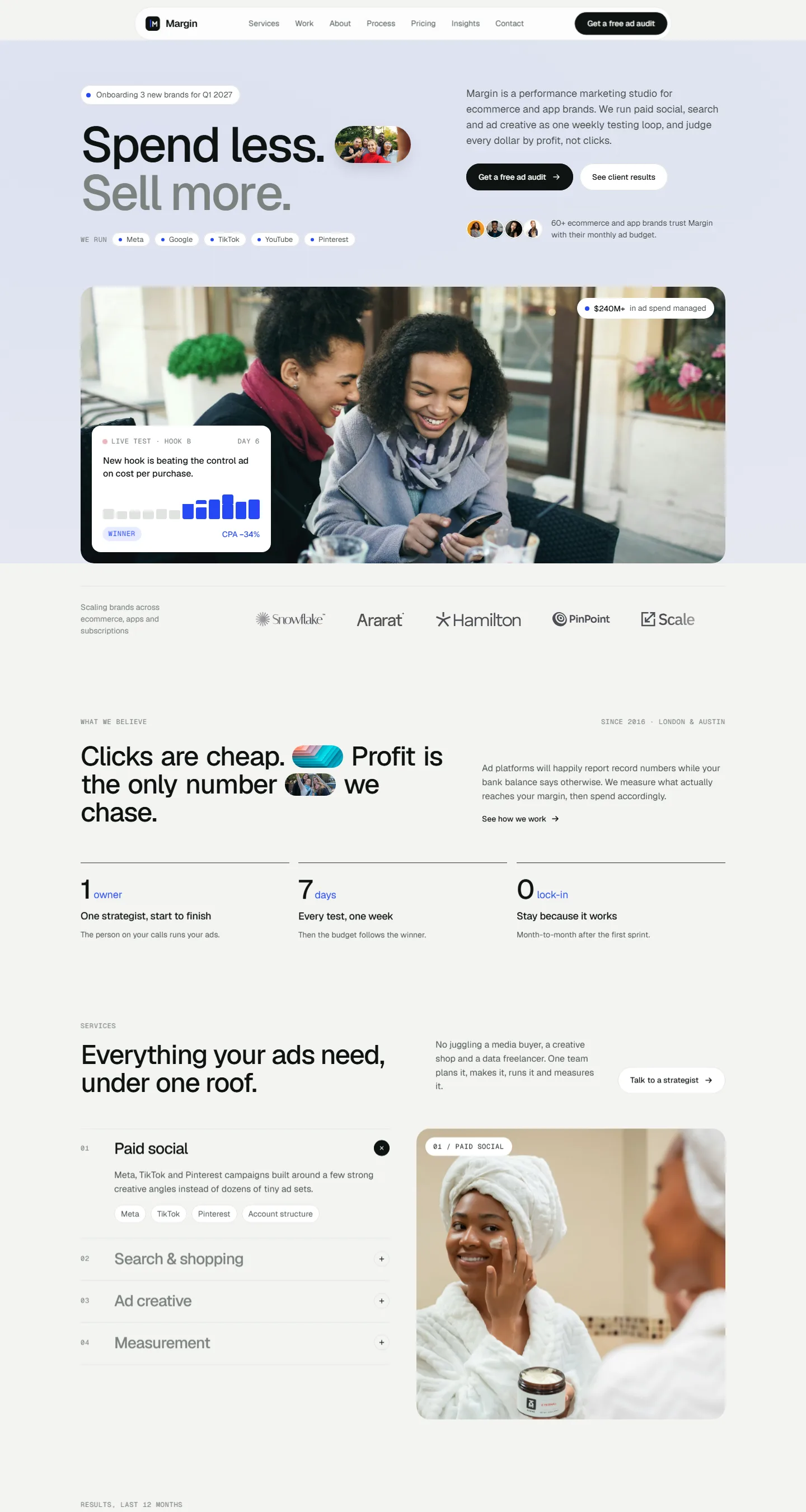 Margin home page, scrolled through its sections