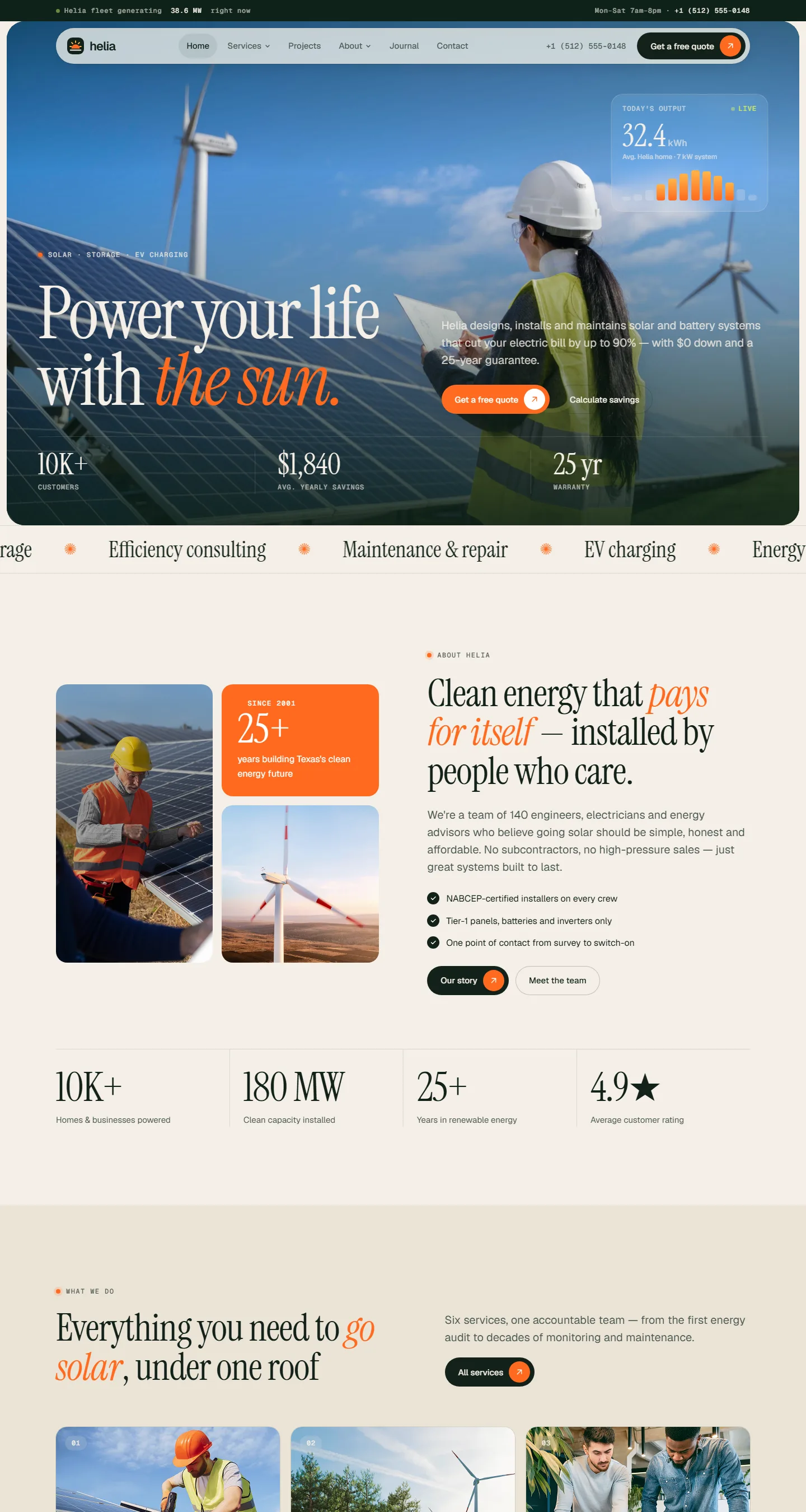 Helia Energy home page, scrolled through its sections