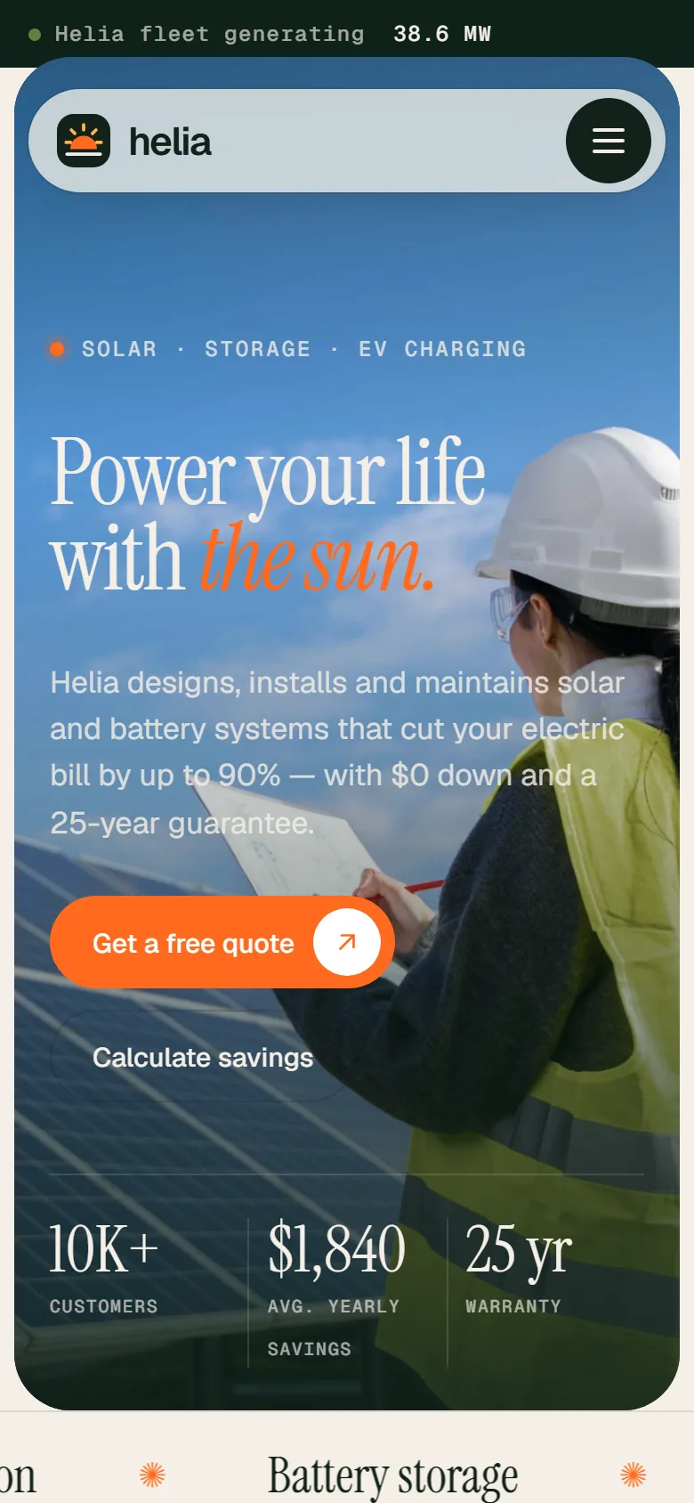 Helia Energy home page on a phone