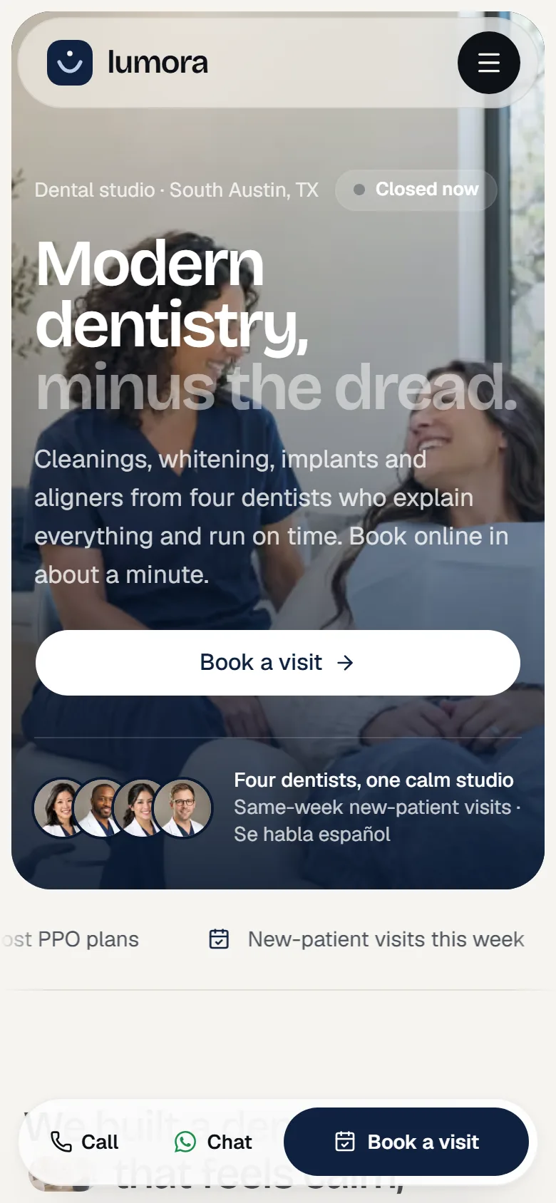 Lumora Dental home page on a phone